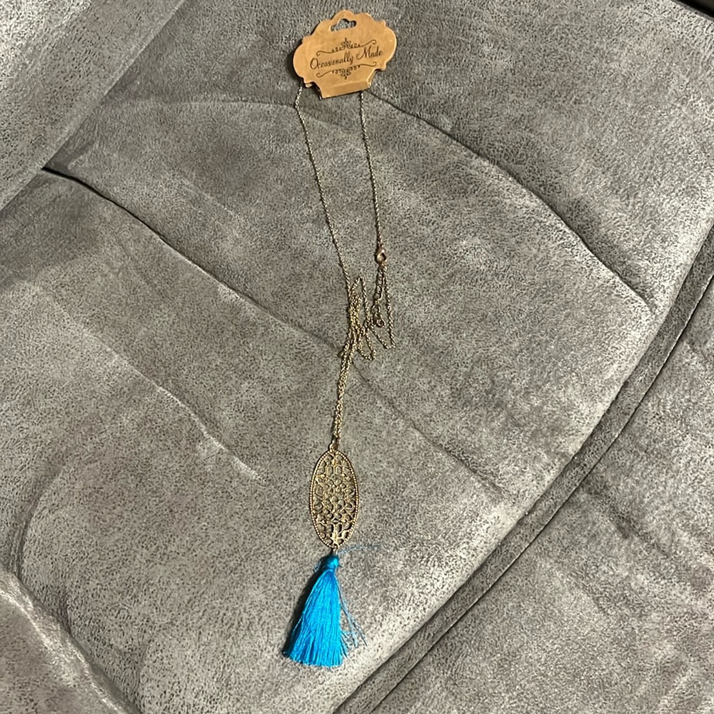 NWT Occasionally Made Goldtone Necklace with teal tassel